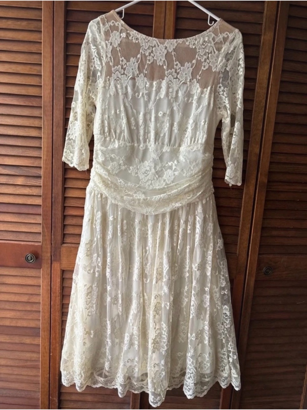 Kiyonna Ivory Lace Midi Dress with Three-Quarter Sleeves